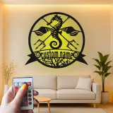 Insegna Personalizzata Cavalluccio Marino & Tridente | Insegna in Metallo LED | Decor Nautico Personalizzato per Casa al Mare o Attività Costiera
