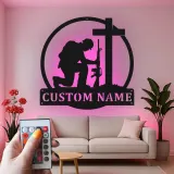 Kneeling Soldier Memorial Sign | Personalized LED Metal Wall Art | Custom Military Tribute Gift for Veterans