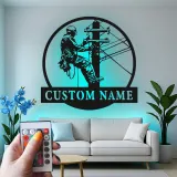 Arte mural LED de metal para liniero | Cartel personalizado con nombre para electricista | Regalo personalizado para trabajador de servicios públicos | Decoración industrial para oficina y garaje
