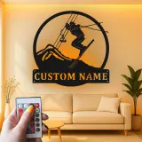 Custom Skier Led Light Metal Wall Art Personalized Gift for Ski Enthusiasts Mountain Lodge Decor