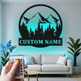Personalized Mountain Metal Wall Art | LED Backlit Nature Scene for Cabin Decor | Custom Family Name Sign
