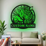 Décoration murale en métal personnalisée avec lumière LED de loup et forêt