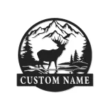 Insegna in metallo LED personalizzata con alce in paesaggio montano - Regalo per amanti della natura e decorazione per cabine o rifugi