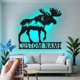 Personalized Moose Metal Wall Art | LED Wildlife Sign | Custom Name Cabin Decor | Rustic Mountain Hunter Gift