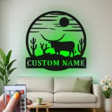 Cartel LED Texas Longhorn | Arte mural de metal para rancho | Decoración rústica occidental para vaqueros