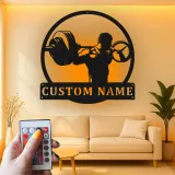 Custom Weightlifter Led Light Metal Wall Art Gym Enthusiast Gift Fitness Room Personalized Decor