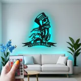 Cartel de metal personalizado con calavera de motocicleta | Señal de garaje de motorista con LED | Decoración de hombre de cueva con llamas de pistón