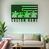 Patriotic American Flag Metal Sign | Custom Veteran Name Wall Art | LED Backlit Military Silhouette Decor
