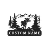 Insegna in metallo personalizzata con alce e LED | Arte faunistica da parete per decorazione di cabin | Targa con nome rustico per lodge