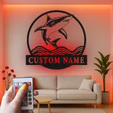 Enseigne en métal requin blanc personnalisée | Décoration murale LED prédateur des océans | Décor de maison de plage personnalisé pour passionnés de requins