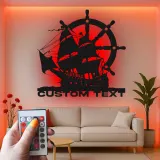 Pirate Ship LED Metal Wall Art | Custom Nautical Sign for Man Cave | Personalized Sailing Vessel Silhouette | Captain's Office Decor