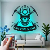 Personalisierte Kohlenbergmann Schädeltafel | LED Metall-Wandkunst für Man Cave | Vintage Bergmannhelm & Pickaxe Dekor | Geschenk für Ihn