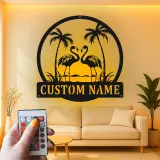 Cartel de metal LED de flamenco | Cartel tropical personalizado | Decoración de casa de playa y salón a medida | Luz de palmera costera