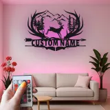 Insegna in metallo personalizzata con cervo e scena montana retroilluminata LED regalo per amanti della natura decorazione per cabin o lodge