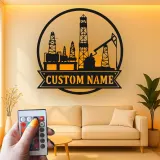 Cartel LED personalizado de torre petrolífera | Arte mural de metal personalizado | Decoración industrial para trabajador del petróleo y regalo para roughneck
