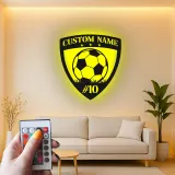 Cartel LED de escudo de fútbol personalizado | Arte mural de metal personalizado para habitación de niños | Regalo de decoración deportiva con nombre y número de jugador