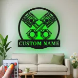 Panneau LED en métal de pistons croisés personnalisés | Décor de garage personnalisé | Idée cadeau pour mécanicien | Art mural automobile éclairé