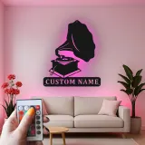 Arte Murale in Metallo con Gramofono Personalizzato | Decorazione Musicale Illuminata a LED | Insegna con Nome Personalizzato per Studio o Soggiorno