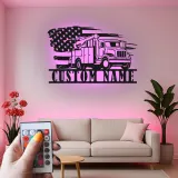 Arte mural de lineman | Cartel LED personalizado de camión de cubo | Decoración patriótica con bandera americana para garaje | Placa de nombre personalizada
