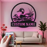 Cartel de metal LED de familia de patos personalizado Regalo para amantes de la naturaleza Decoración de vida silvestre