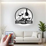 Décoration murale en métal personnalisée avec bouteille de vin et verres en rétroéclairage - Cadeau pour les amateurs de vin, décoration de cuisine ou de bar