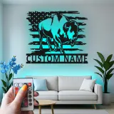 Custom Bison American Flag Led Light Metal Wall Art Personalized Patriotic Gift Rustic Home Decor