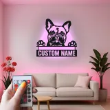 Arte murale LED in metallo con Bulldog Francese | Insegna personalizzata con nome del cane | Regalo su misura per amanti dei cani | Arredo moderno minimalista