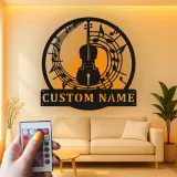 Cartel de metal personalizado con violín y notas musicales y luz LED Regalo para músicos Decoración de estudio o sala de música