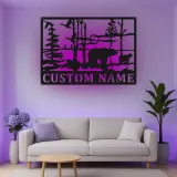 Custom Bear Forest Scene Led Light Metal Wall Art Personalized Wildlife Gift Cabin Decor for Nature Lovers