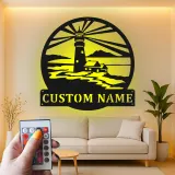 Panneau en métal personnalisé de phare | Art mural côtier rétro éclairé | Décor de maison de plage personnalisé | Cadeau nautique pour cabane