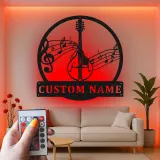Décoration murale en métal personnalisée pour mandoline | Panneau de nom de musicien sur mesure | Décor de salle de musique LED pour studio