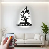 Arte mural LED de microscopio | Cartel de metal personalizado para decoración de laboratorio | Regalo científico personalizado para biólogos o clínicas