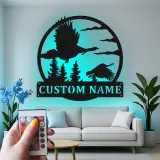 Insegna LED in metallo per caccia alle anatre personalizzata | Regalo per cacciatore personalizzato | Decor rustico per parete di baita | Arte per man cave