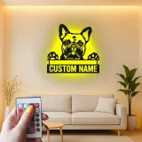 Arte murale LED in metallo con Bulldog Francese | Insegna personalizzata con nome del cane | Regalo su misura per amanti dei cani | Arredo moderno minimalista