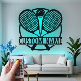 Cartel de metal LED de raquetas de tenis personalizado, regalo para amantes del tenis, decoración de sala de juegos