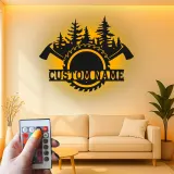 Cartel de metal personalizado de leñador en el bosque con luz LED, regalo para amante del aire libre, decoración de cabaña rústica