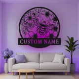 Personalisierte Bienen und Blumen LED Licht Metall-Wandkunst Geschenk für Naturliebhaber Gartenraum Dekor