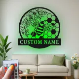 Custom Bee and Flowers Led Light Metal Wall Art Personalized Gift for Nature Lovers Garden or Living Room Decor