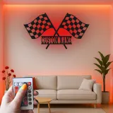 Insegna in metallo LED personalizzata con bandiere da corsa - Regalo per appassionati di auto, decorazione per garage o man cave