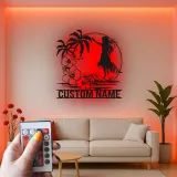 Insegna in metallo personalizzata con ballerina hula hawaiana e luce LED, regalo decorativo per interni tropicali