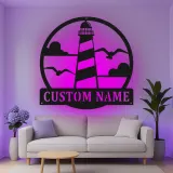 Décoration murale en métal personnalisée avec phare et rétroéclairage LED - Cadeau côtier, décoration nautique pour maison de plage