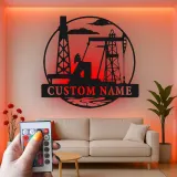 Cartel de metal personalizado de torre petrolífera | Arte mural LED industrial para oficina | Decoración personalizada con nombre de roughneck | Regalo para trabajador del sector petrolero