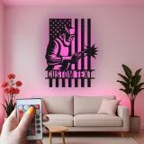 Insegna in metallo personalizzata con saldatore e bandiera americana retroilluminata, regalo personalizzato per decorare officine di saldatori
