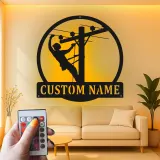 Lineman LED Metal Wall Art | Personalized Utility Worker Gift | Custom Name Powerline Technician Sign for Man Cave or Office Decor