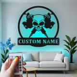 Tattoo Shop LED Sign | Personalized Skull Metal Art for Studios | Custom Tattoo Artist Name Wall Decor