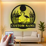 Arte murale in metallo con Airone e luci LED | Insegna personalizzata con nome per casa al lago | Regalo personalizzato per amanti degli uccelli | Decorazione di fauna selvatica per patio