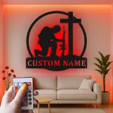 Kneeling Soldier Memorial Sign | Personalized LED Metal Wall Art | Custom Military Tribute Gift for Veterans