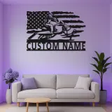 Plaque Métallique LED Personnalisée Motoneige | Art Mural Drapeau Américain Personnalisé | Cadeau Motoneigiste | Décor Man Cave