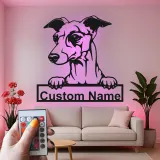 Cartel personalizado con nombre de galgo | Decoración mural de metal con LED | Decoración personalizada para mascotas en la entrada | Regalo para amantes de los perros