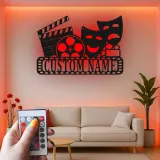 Personalized Theater Sign with LED | Custom Movie Room Decor | Metal Film Reel & Masks Wall Art for Cinema Lover Gift